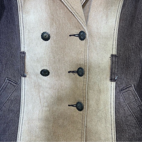 Vintage 90s Two Tone Denim Trench Coat Colorblock Boho Indie Longline Jacket - Picture 5 of 10